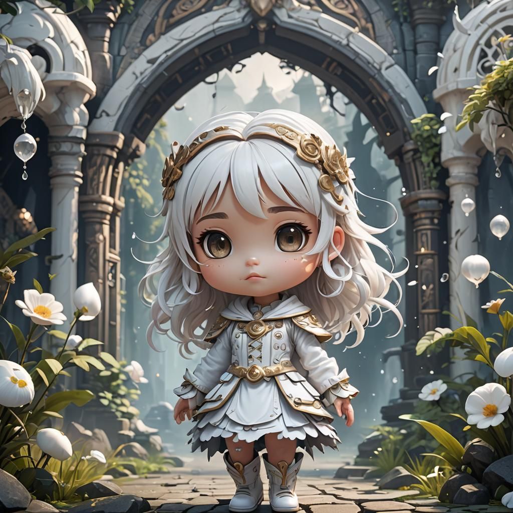 Cute Chibi Girl in White: Detailed Matte Painting