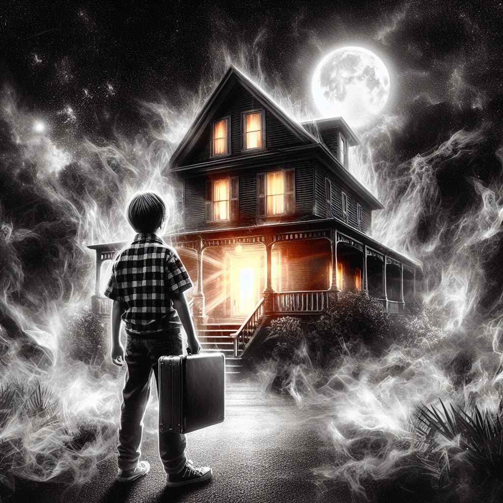 a kid holding his suitcase in front of a creepy house with light inside