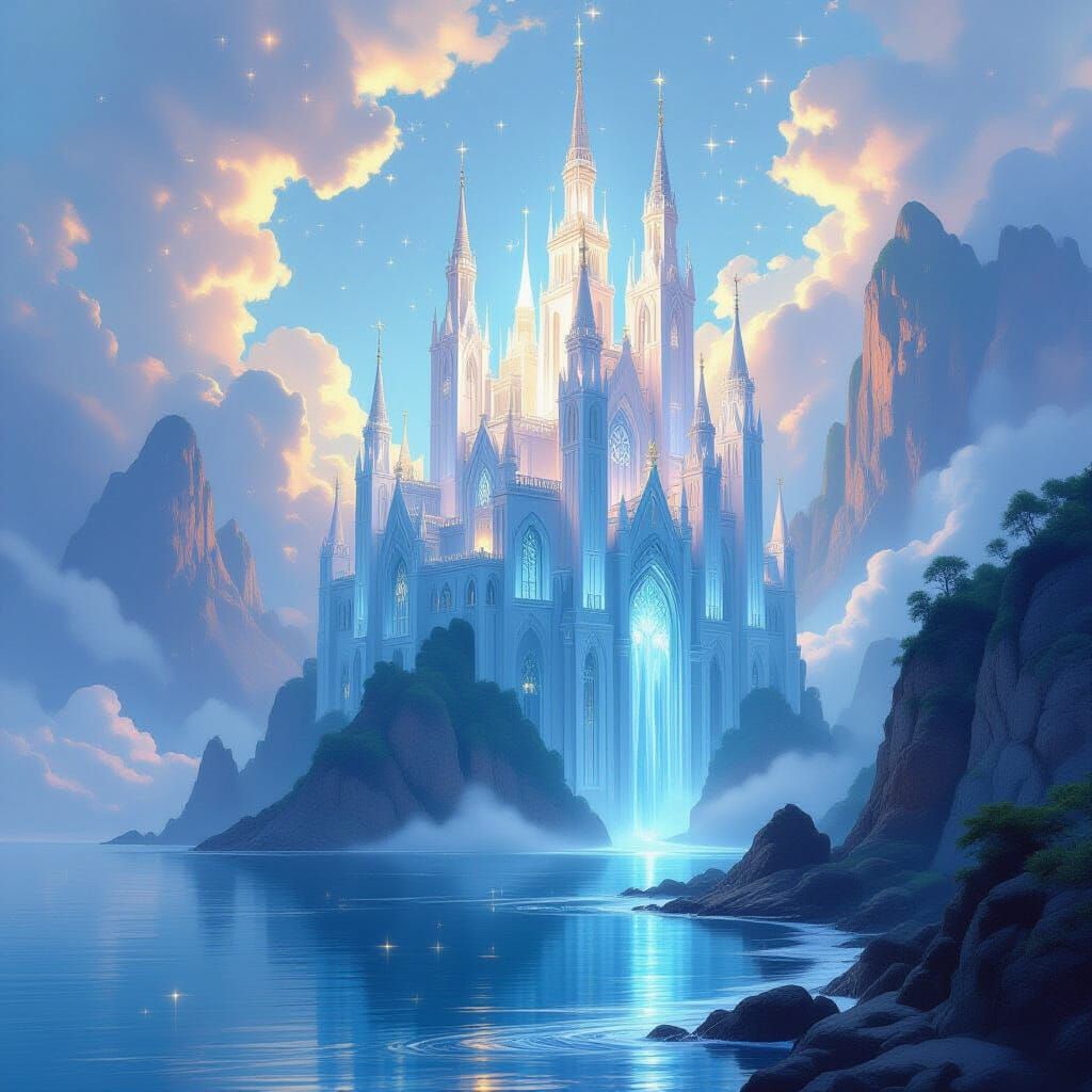 "Cathedral built of Songs"

Concept:
A grandiose temple stands on a cliff by the sea, but it is built not of stone, but of materialized soun...