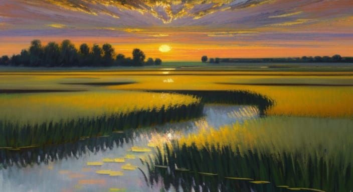 Wetlands sunset in the style of Monet 
