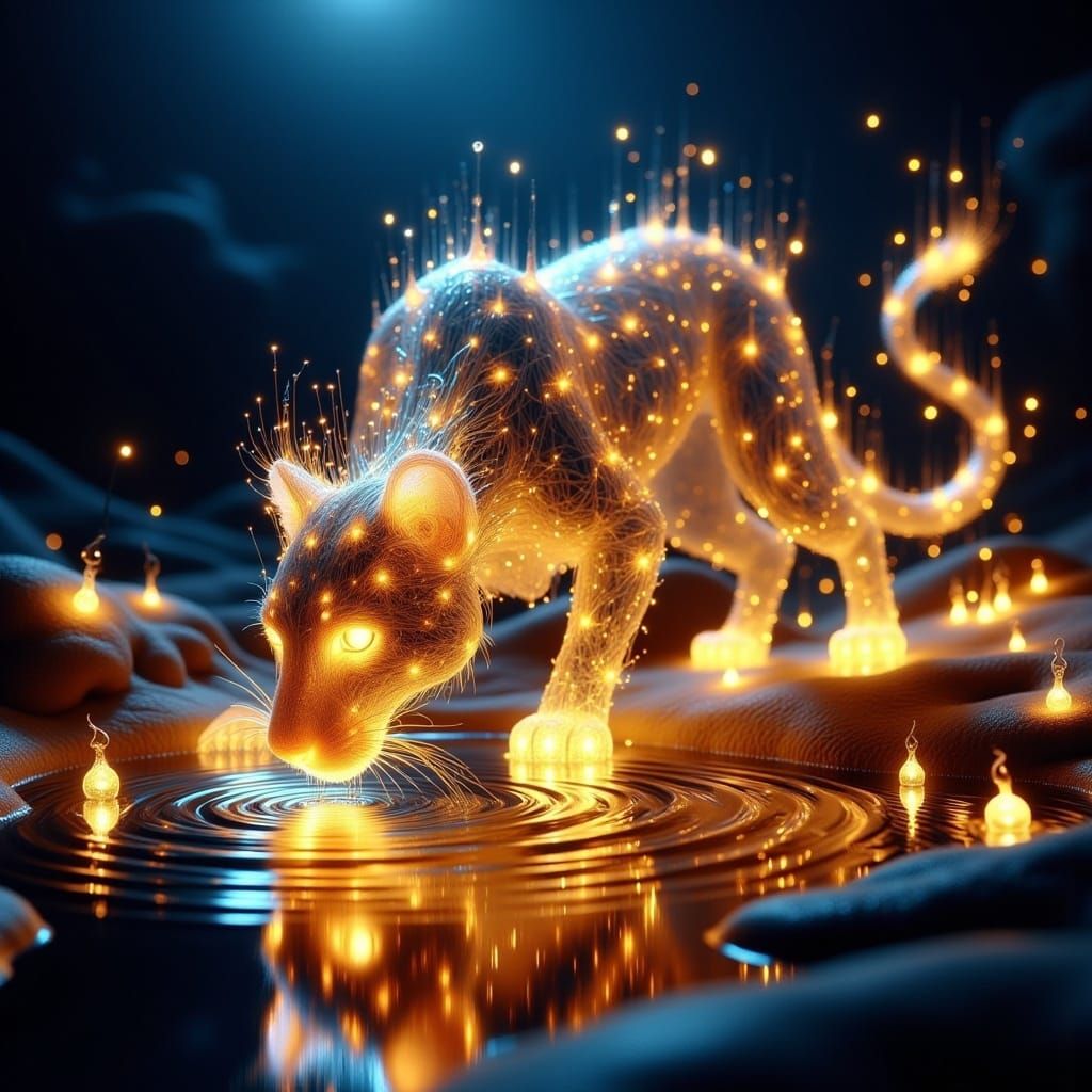 <lora:Fairy Lights:1.0> An ultra-realistic and highly detailed close-up of a glowing, transparent, ghostly flaming panther, leaning down to...