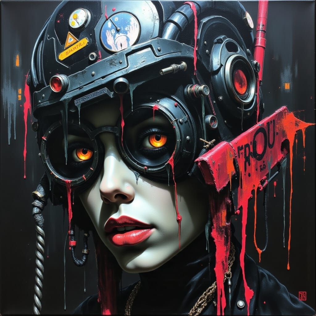 <lora:Black Canvas:1.0> Impasto Cyberpunk Pinup Model on Black Canvas.