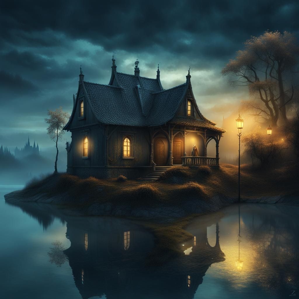 Mystical Lakeside House in Dark Fantasy Style