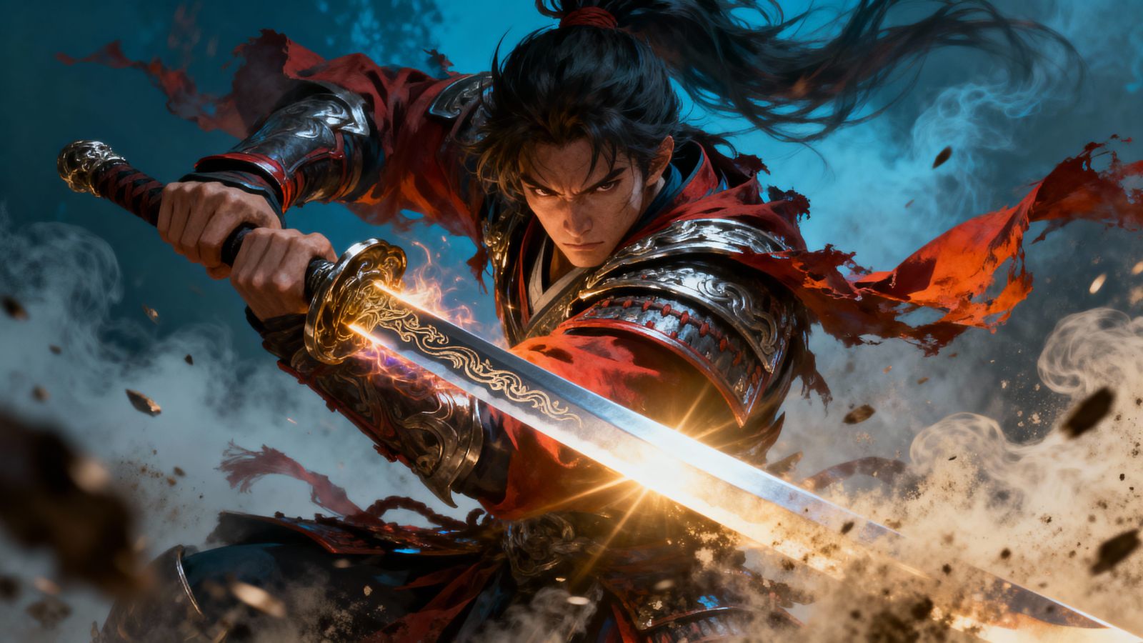 Close up of fierce katana warrior about to hit his enemies. Epic  by @Atanasio