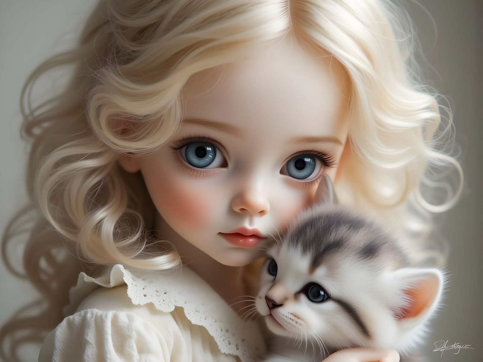 Porcelain Doll Nuzzles Kitten with Painterly Magic