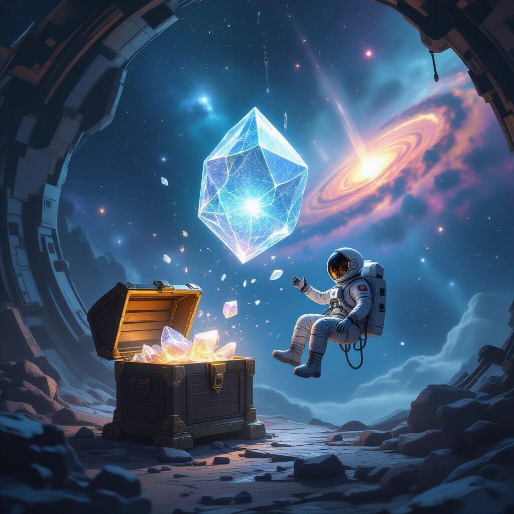 Astronaut and Alien Treasure in Deep Space