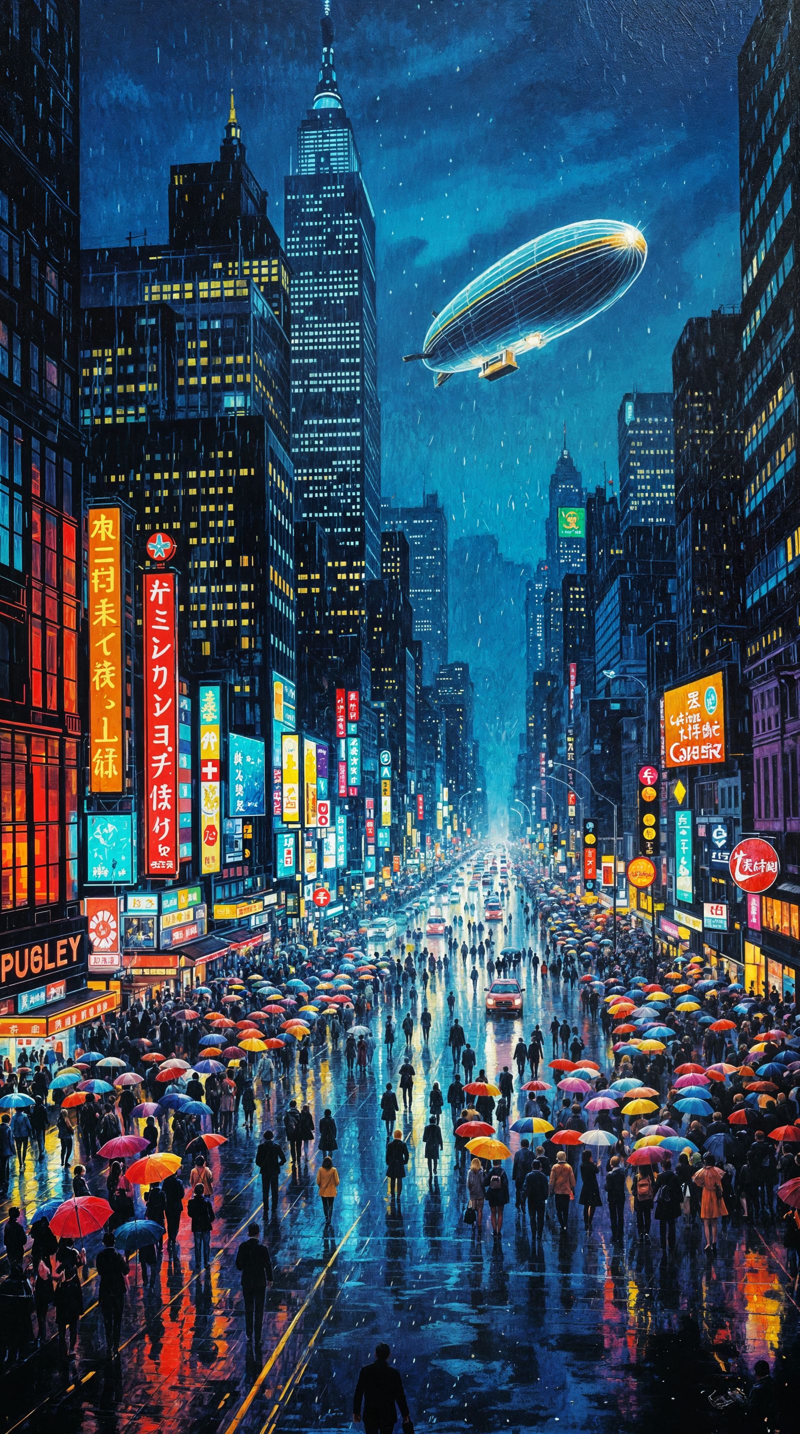 Neon Cityscape: Airships in an Expressionist Painting