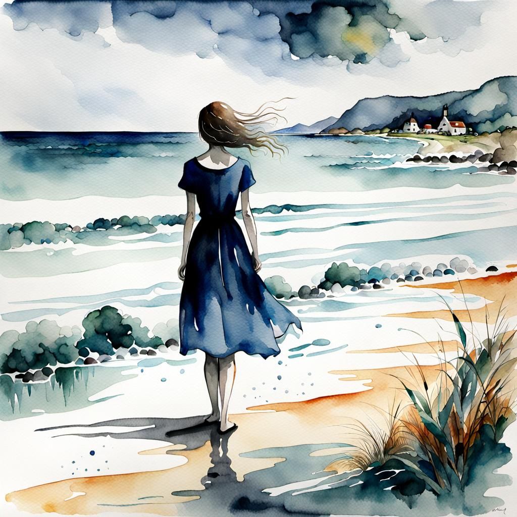 ominous watercolor art woman seaside  by @Diane