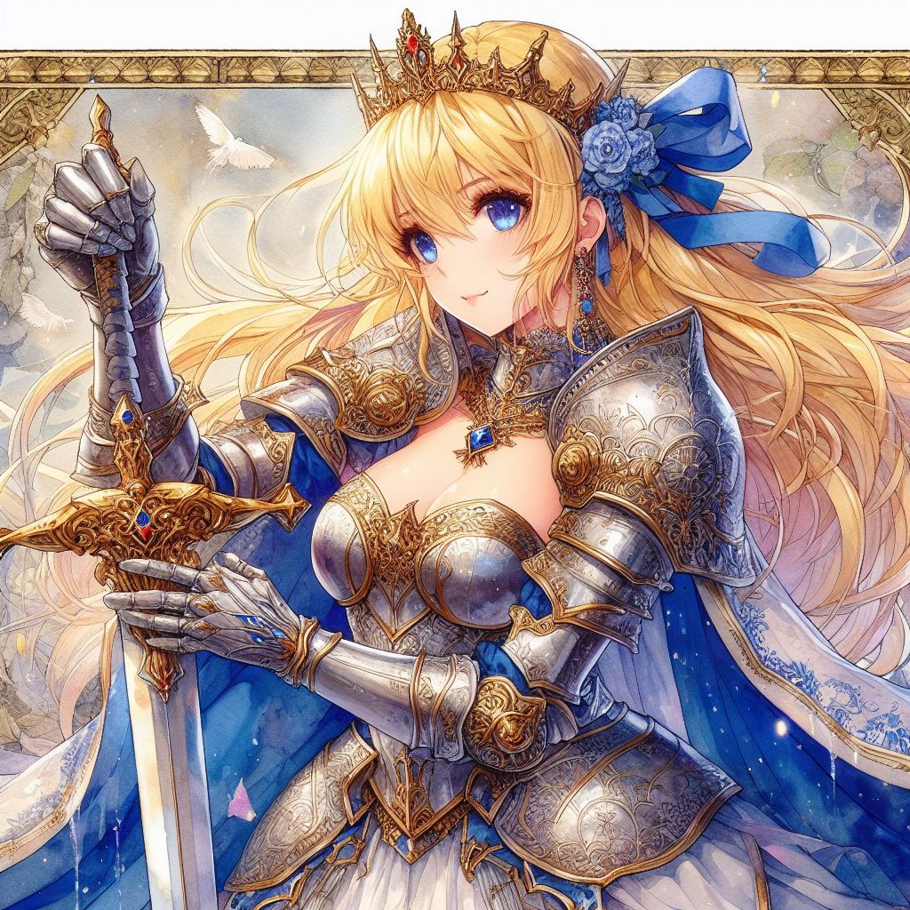 King Arthur as a pretty lady, blonde, wearing silver plate armor adorned with royal blue clothes, embossed golden patter...