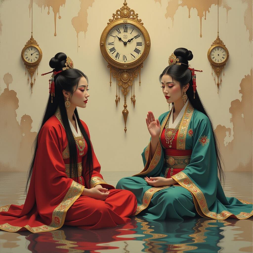 Lady Maya Listens in a Surreal Dreamscape as Oil Painting