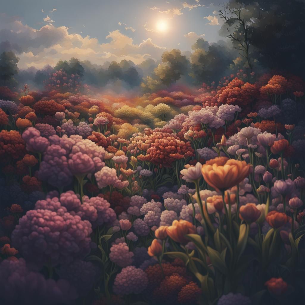 happy flowers in bloom Hyperrealistic, concept art, mid shot...
