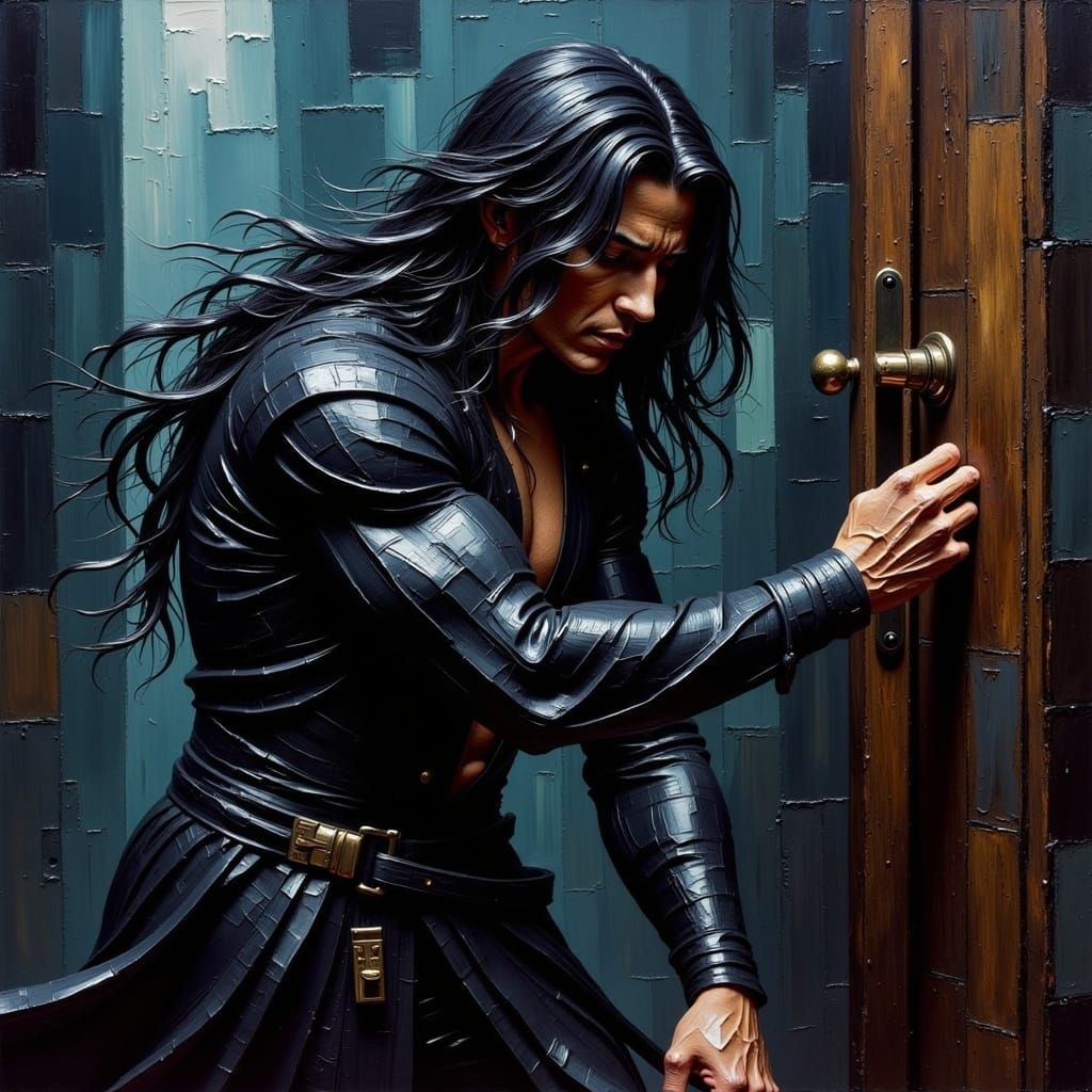 Handsome Rogue Picking Lock in Dark Alley