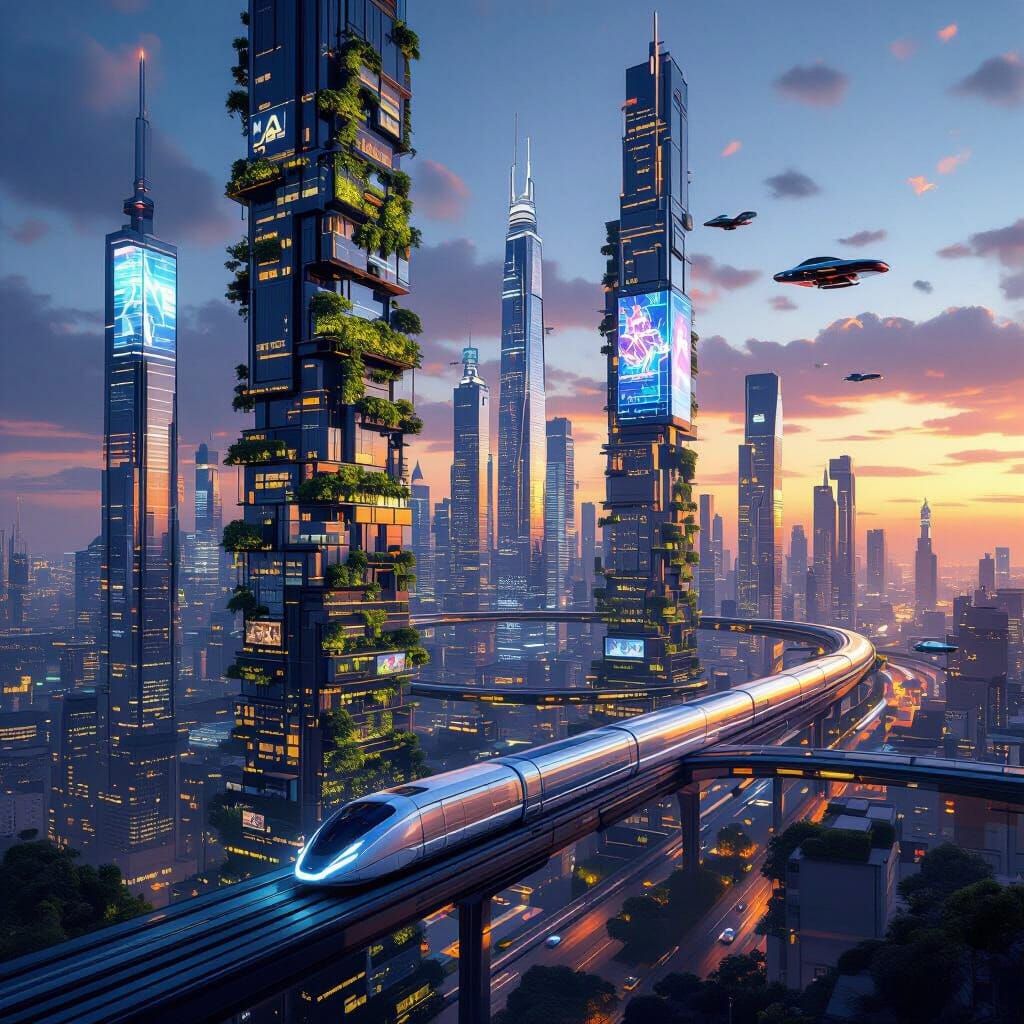 Futuristic Smart City at Dusk Hyperrealistic Digital Paintin...
