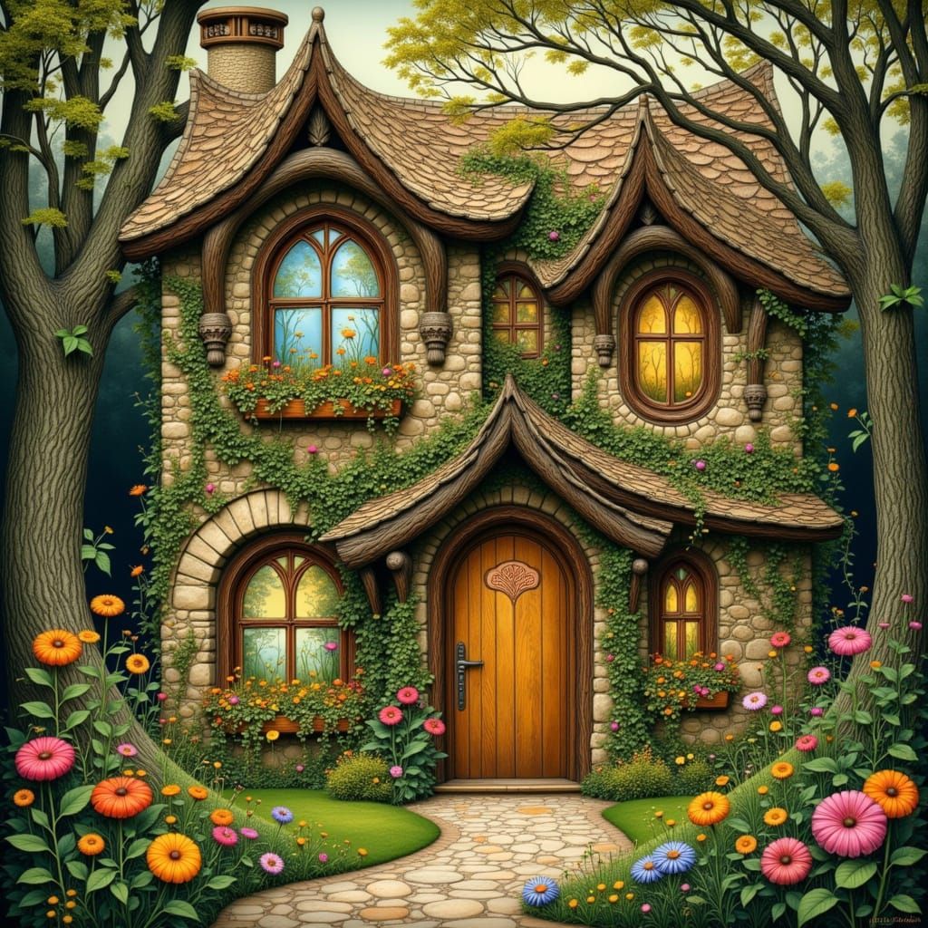 Whimsical Storybook Cottage in Art Nouveau Style