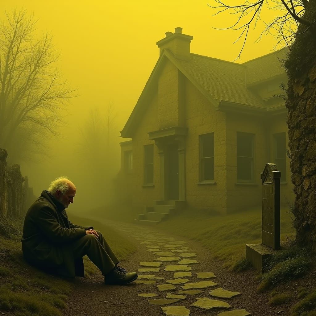 Desolate Stone House in Misty Yellow Haze