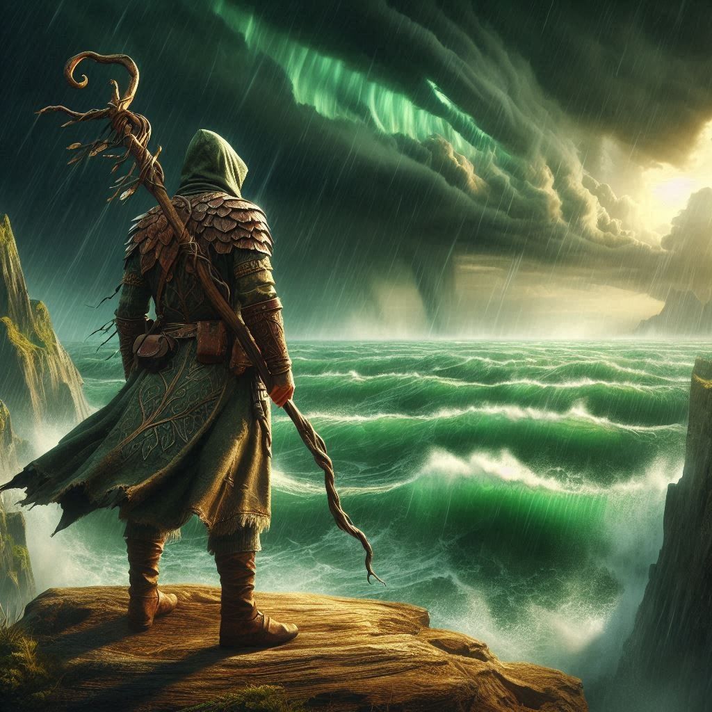 A lone, weathered druid stood atop a windswept cliff