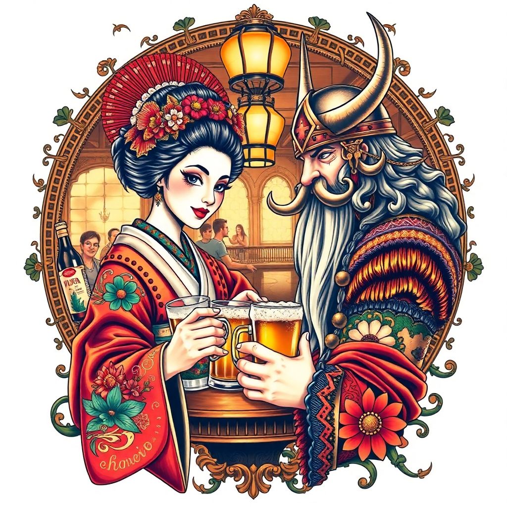 Geisha and Viking at Bar