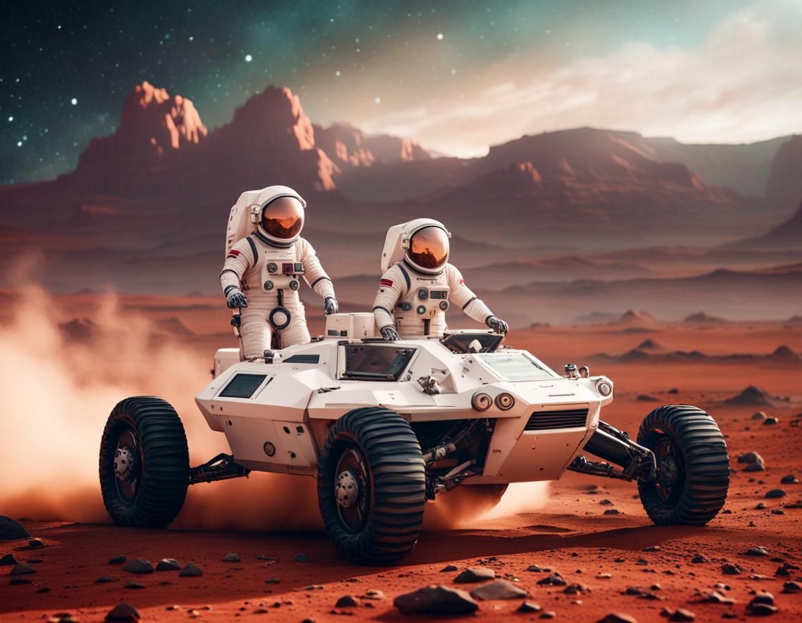 two astronauts driving a rover on the mars surface, stars sh...