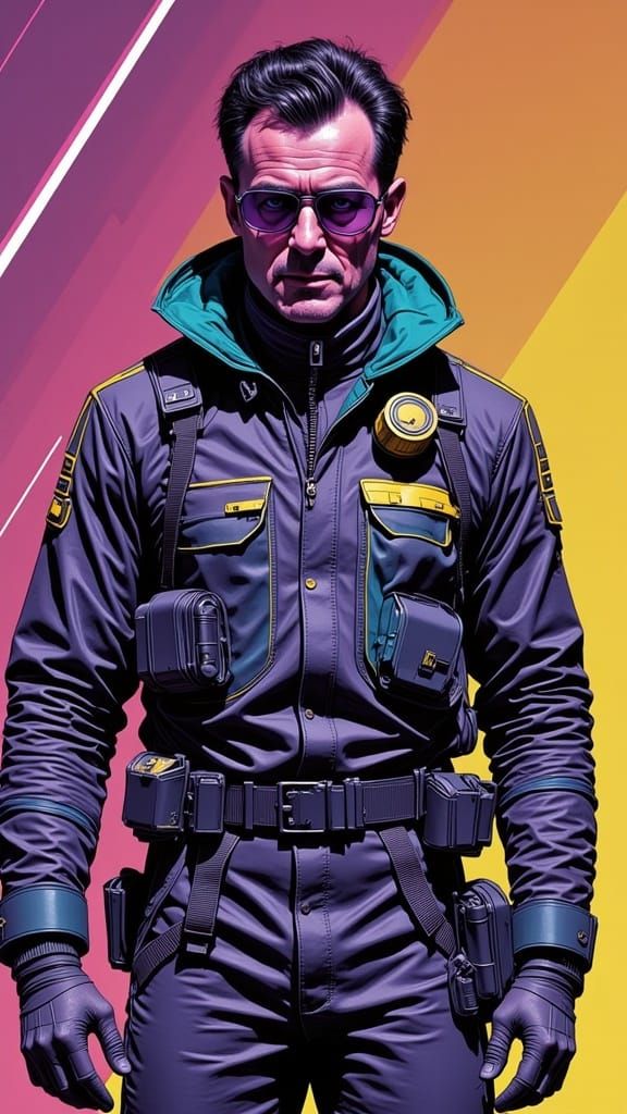 Retro futurism Dirty Harry spacesuit, shades. Revolvers <lora:Nebula Nectar:1.0> 