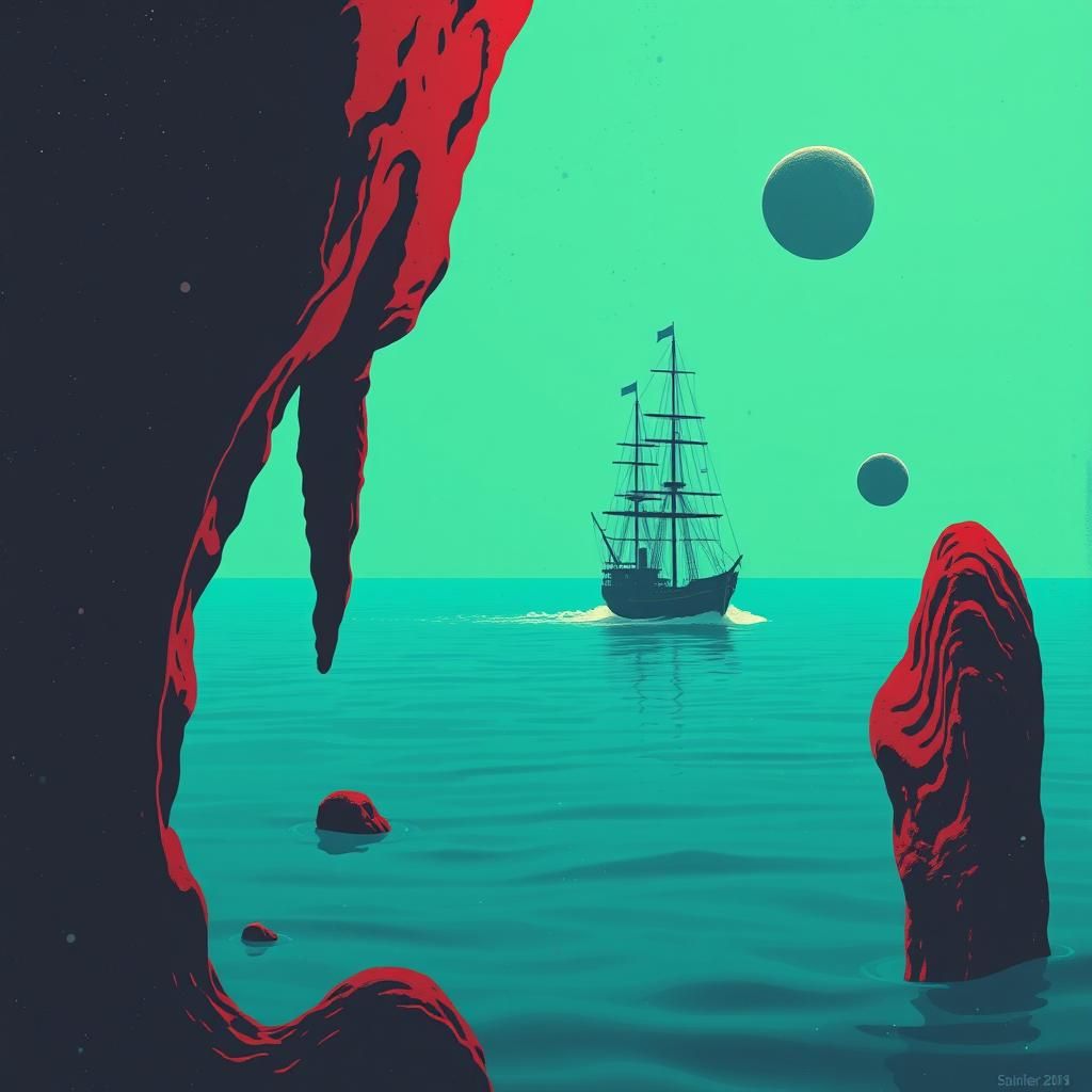 <lora:Film Noir 2D:0.7>
<lora:Retro Sci-Fi Utopia:0.7>
Surreal sea dreamscape: A liminal scene from 80s aquatic horror film, Ship of Theseus...