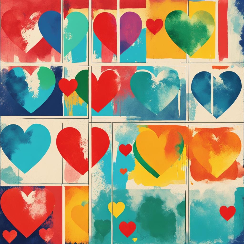Andy Warhol hearts layered with splashy watercolor vibrant c...