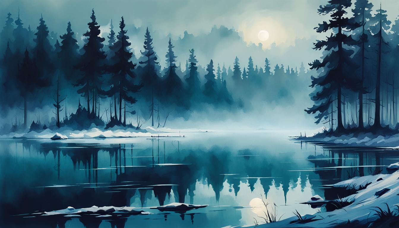 Ominous Fog on Lake: Watercolor Matte Painting