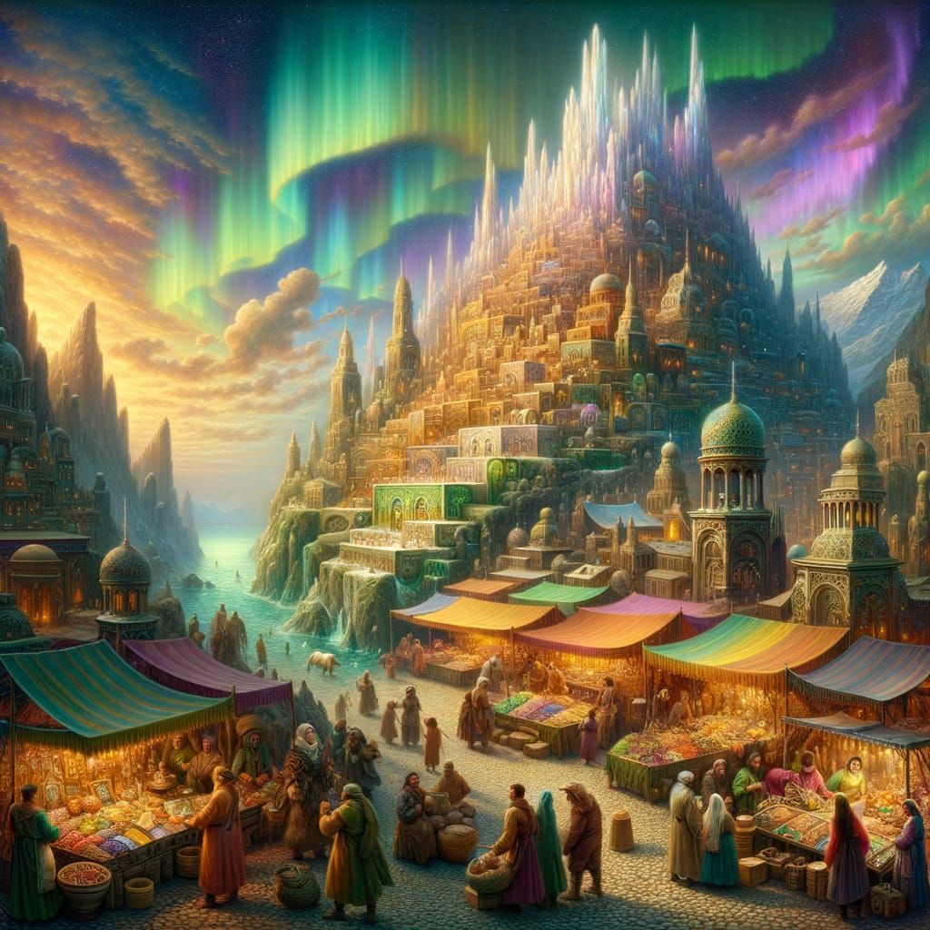 A vibrant, bustling marketplace in a fantastical city built into the side of a colossal crystal mountain. 