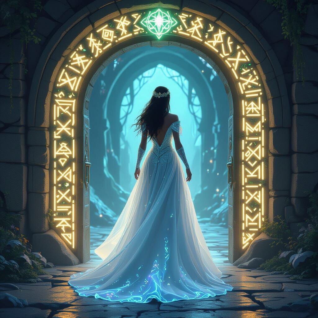 a magic portal doorway that has ancient luminous tunes inscribed along the edges, a powerful queen walks through with a bioluminescent garme...