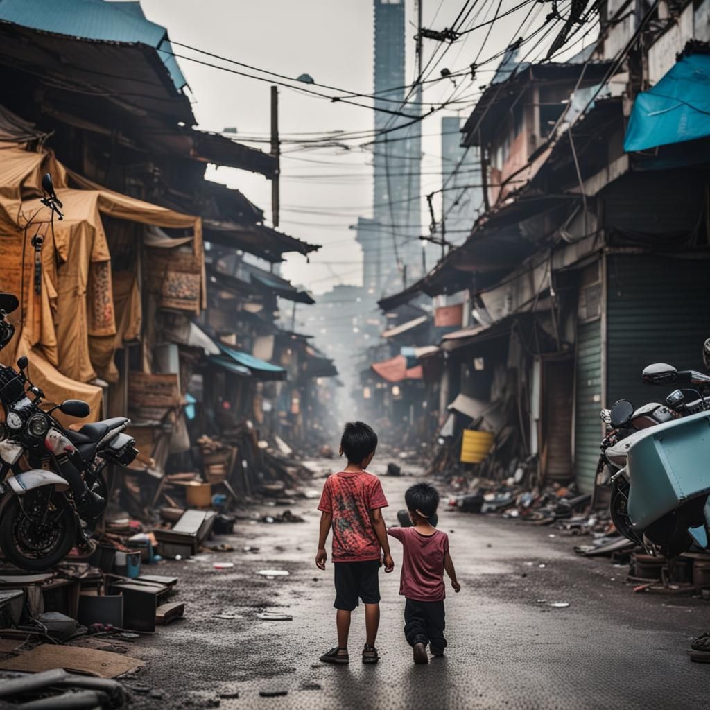 Seorang (anak kecil:1.3) berjalan melalui jalan kota (cyberp...