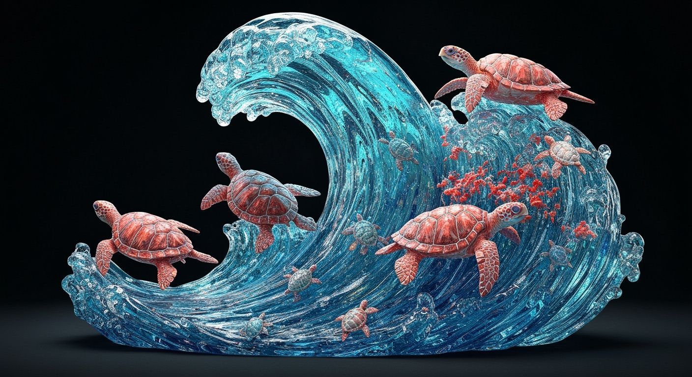 a shiny see see-through glass and crystal sculpture of multiple sea turtles swimming in the waves, deep ...  by @Kindly Offer