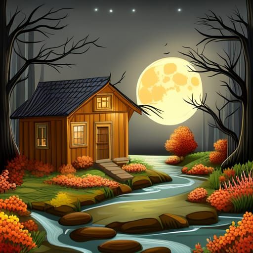 cozy cabin in the woods at night, full moonlit night, a litt...