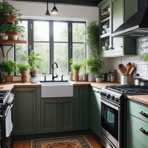 Beautiful tiny kitchen decorated with plants