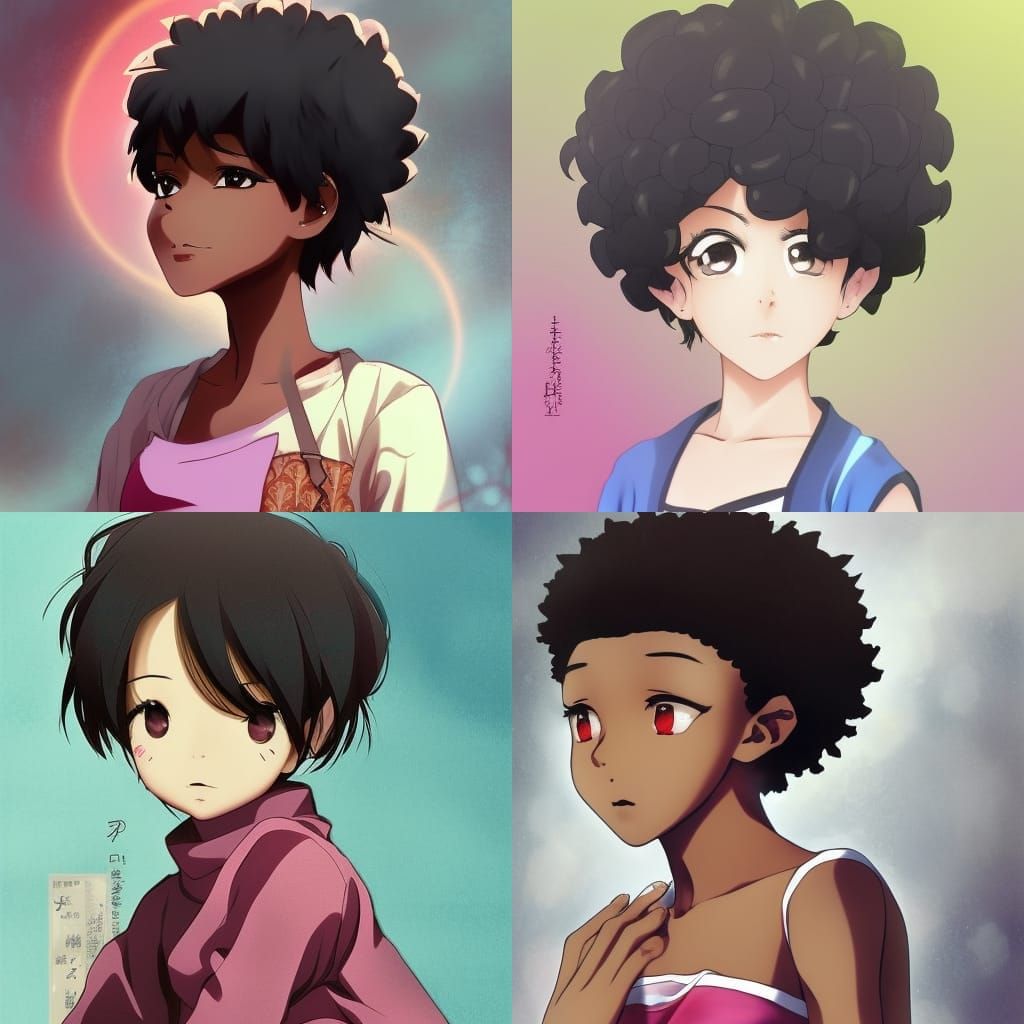 black girl with black  curly  short hair in a bun a near the...