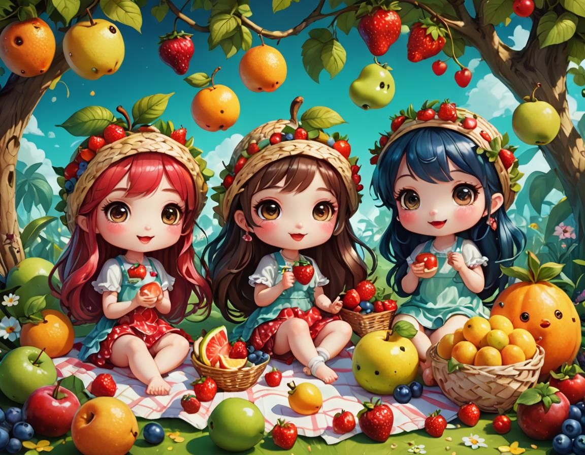 Chibi Fruits picnic characters, cute and whimsical style, hi...