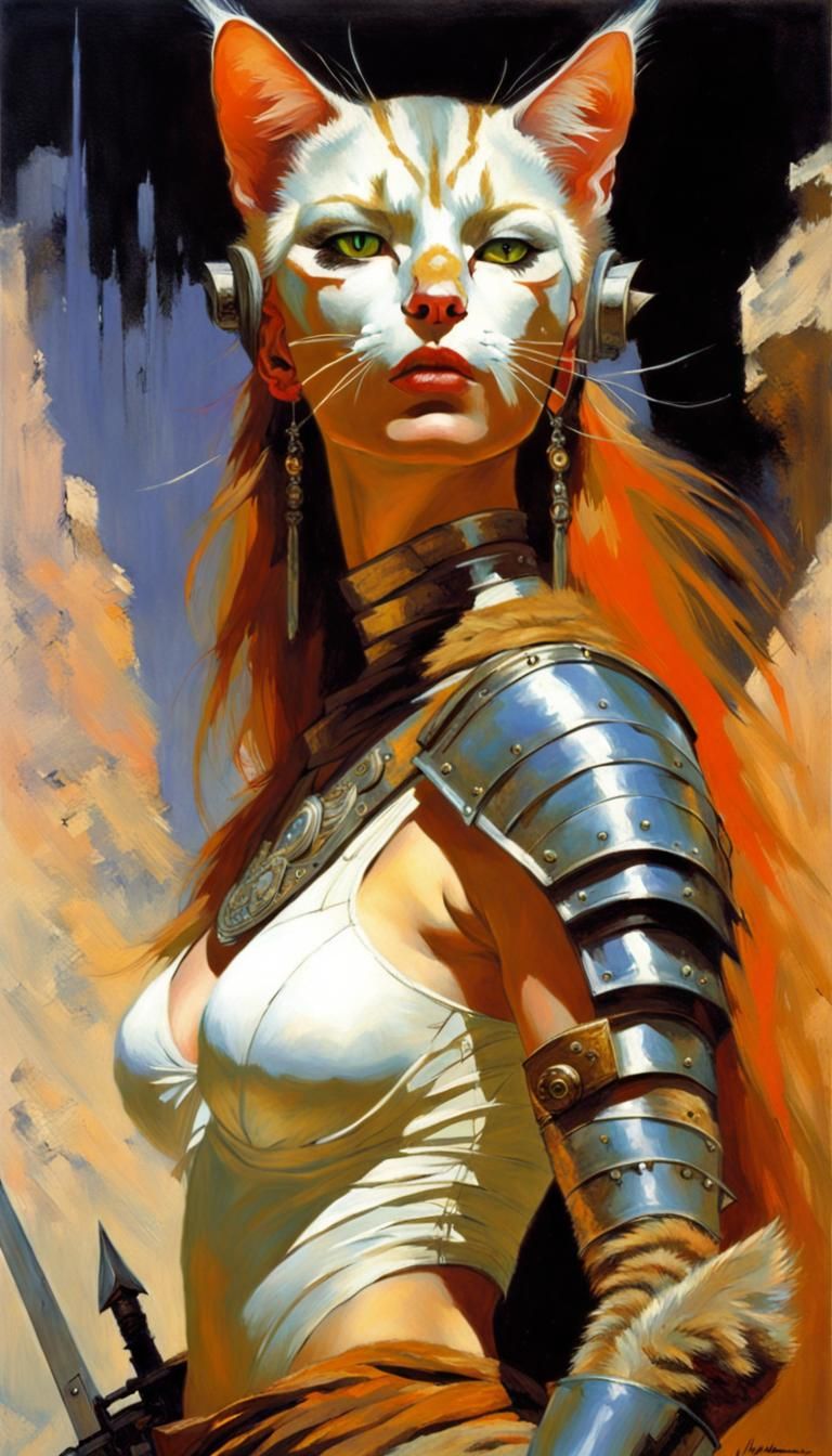 female cat human hybrid, warrior, Fantasy picture acrylic by...