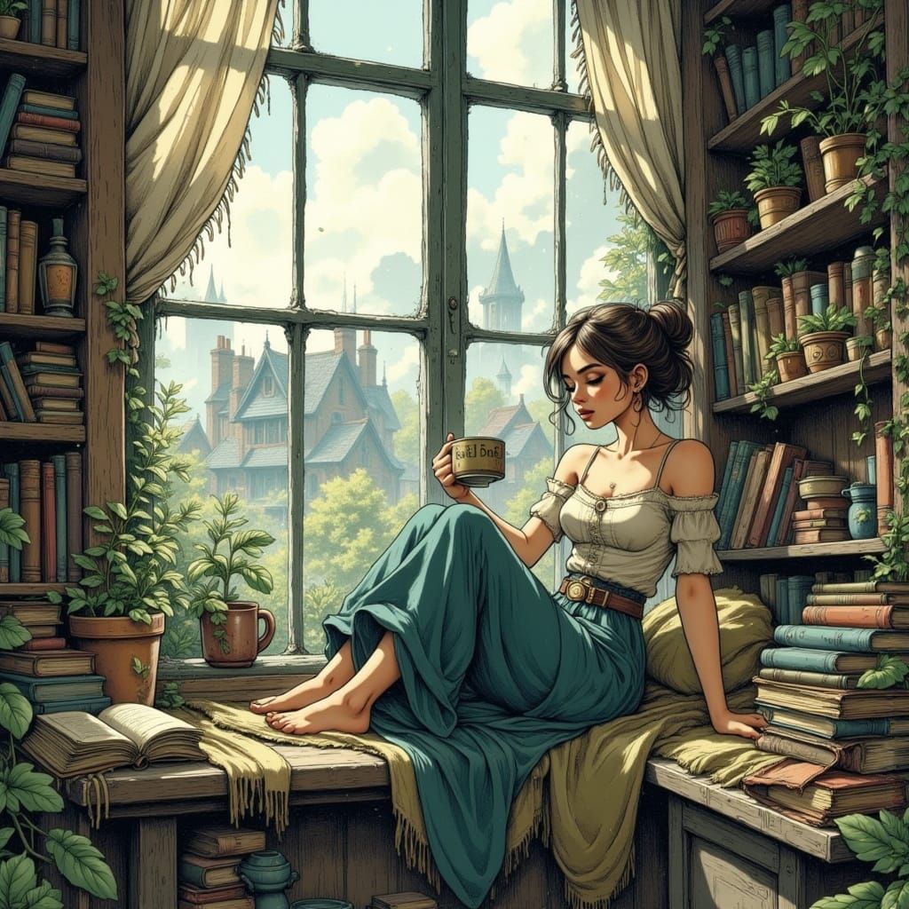 Woman Sips Tea by Cozy Window, Weather Changes