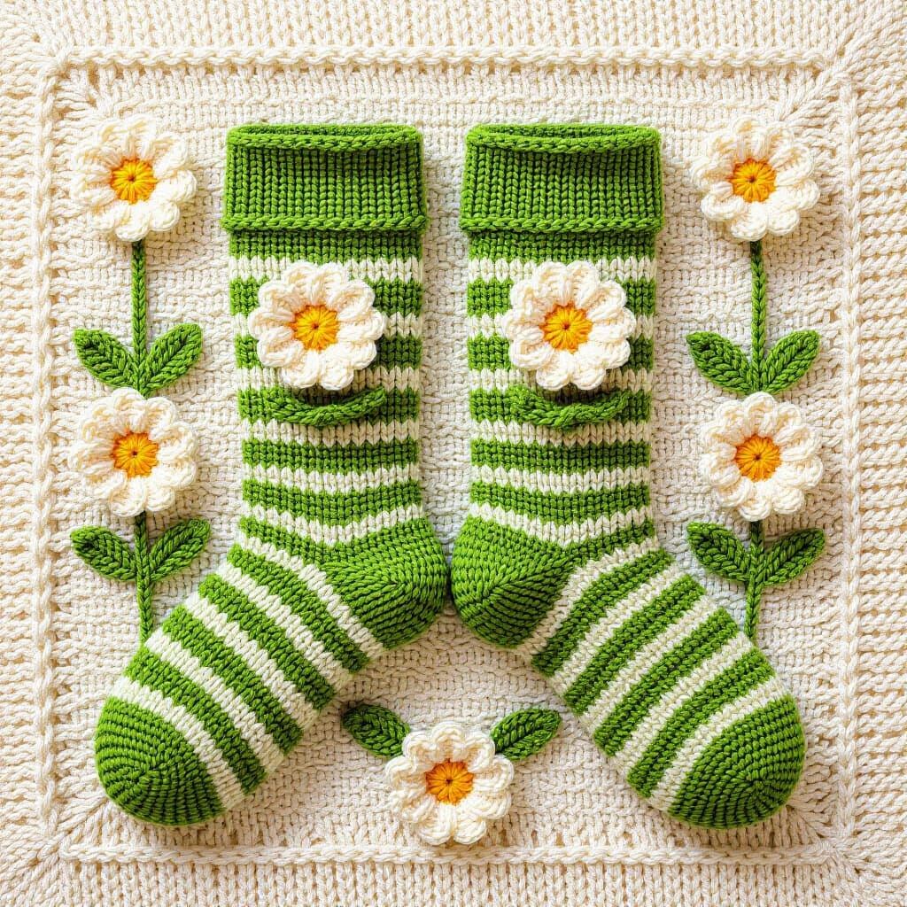 Crackled beige, cream background. Centered a pair of beautiful sage green crocheted socks. daisies crocheted ...  by @Oma