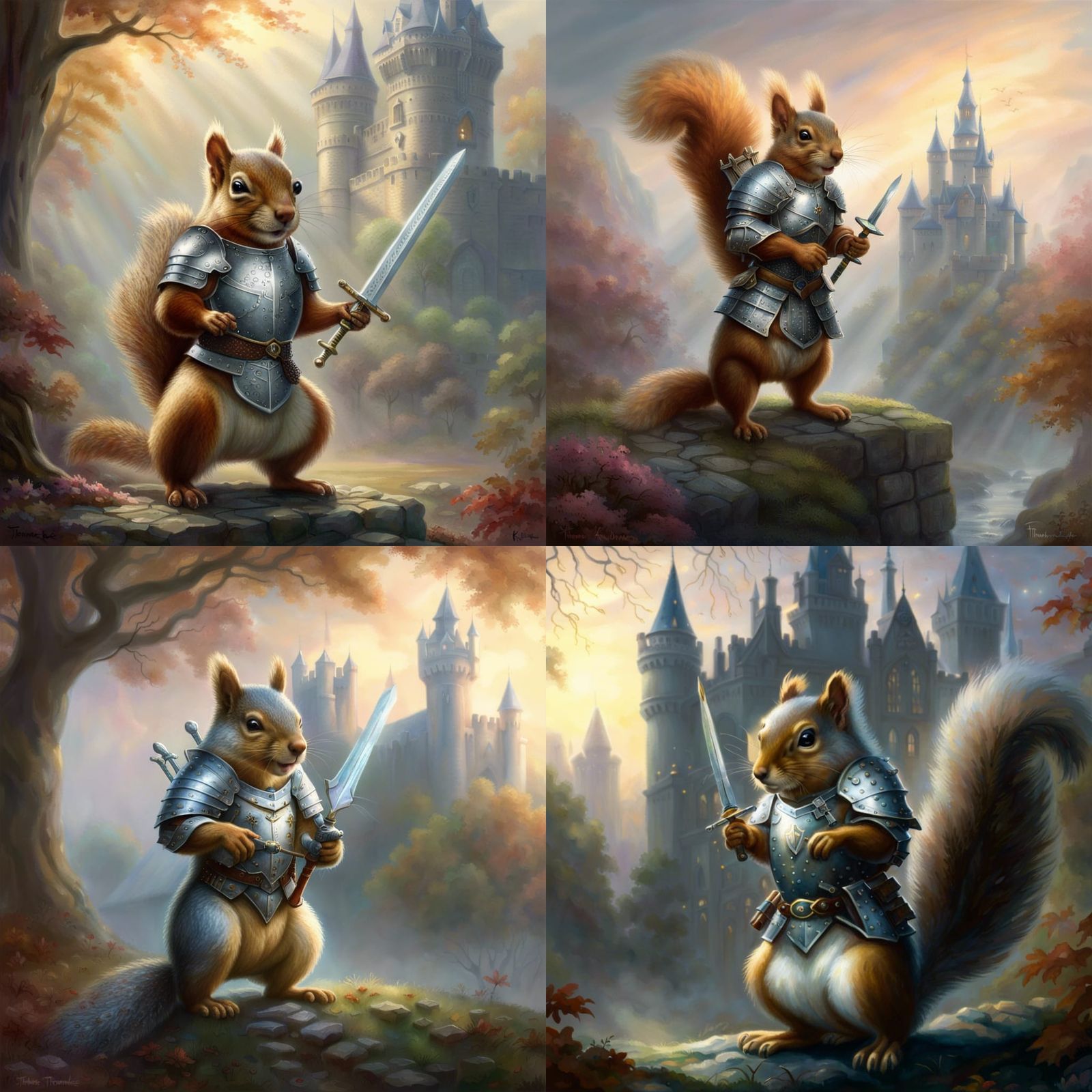 Squirrel wearing knight armor holding a sword in front of ca...