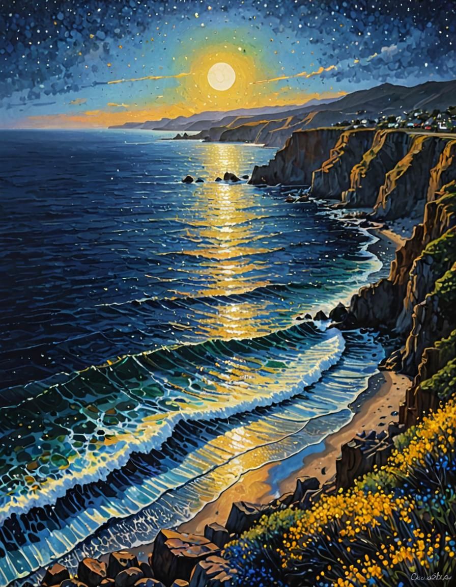 A landscape made of coloured dots, capturing a Moon-rise over a Rough Sea