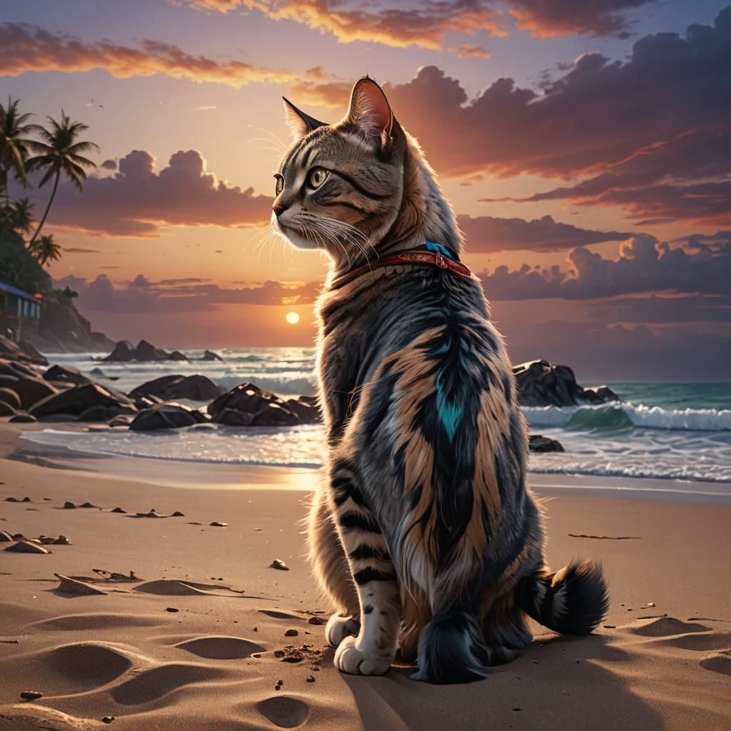 Beautiful cat with his back to the camera, on a beautiful be...
