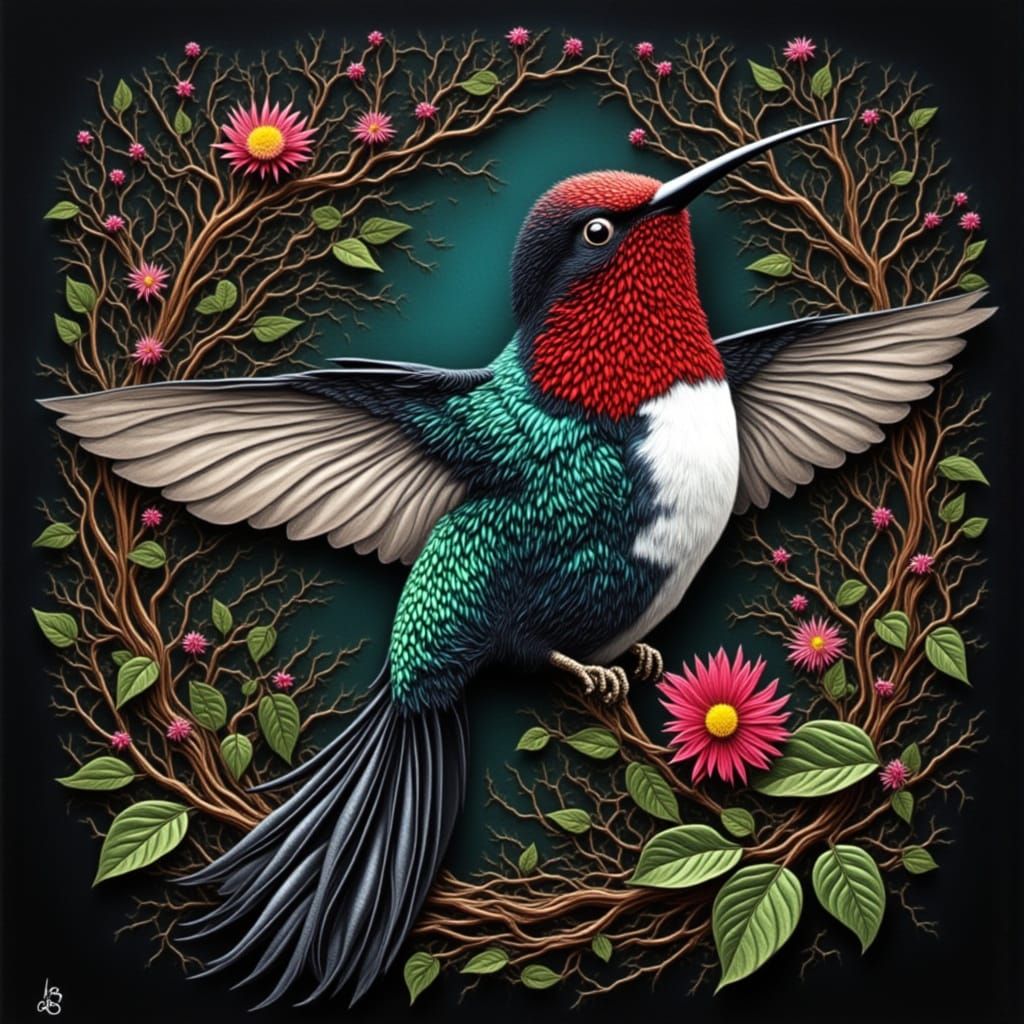 <lora:FLEUR NOIR FLUX:1.0> Swordbill hummingbird