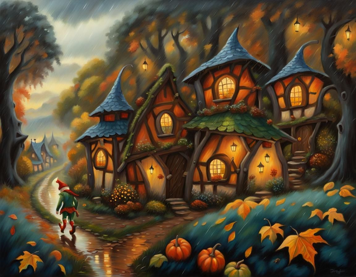 elf village, autumn, rainy evening