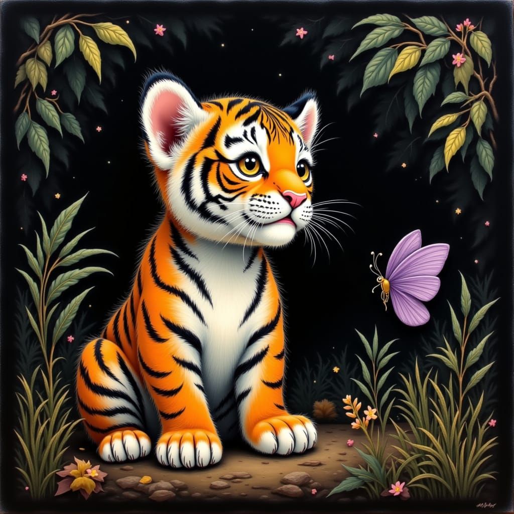 Tiger cub and butterfly