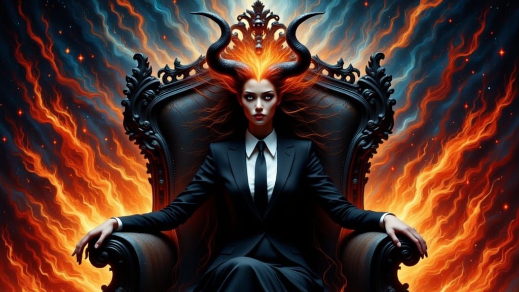 Demonic Woman on Gothic Throne in Fiery Starry Night