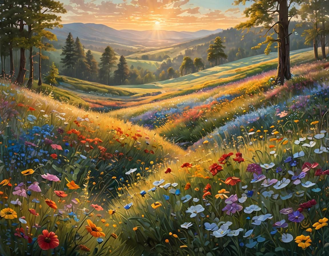 (with shimmering, iridescent light from scattered, crystal-like dew drops catching the light:1.9)  "Wildflower Meadow at Sunrise": An oil pa...