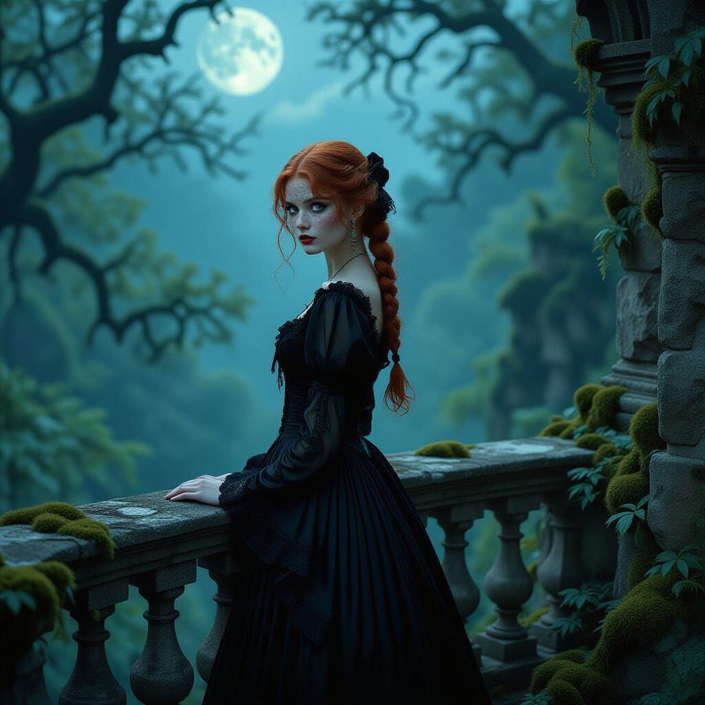 Gothic Beauty on Crumbling Balcony Overlooking Forest