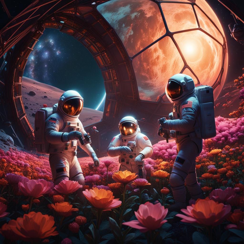 Three men in spacesuits tending to the flowers in a geodesic...