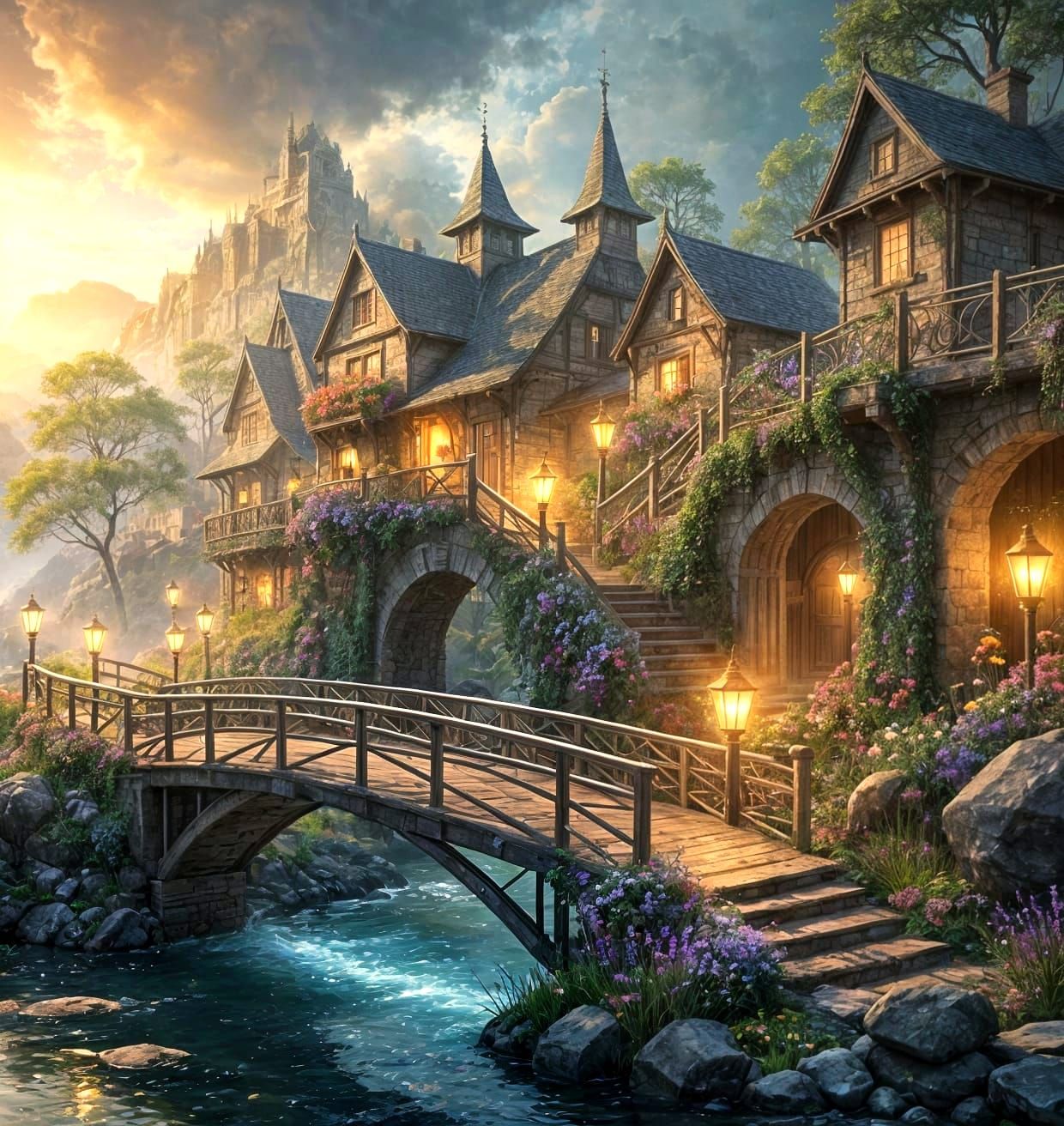 Epic bridge Whimsical fantasy Spring flowers concept art. wide-angle shot. river winds through a mystical landscape  by @Kitcalyx