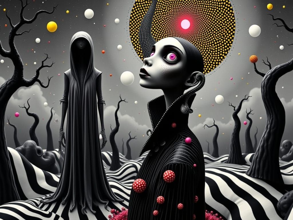 A solemn, elongated figure stands in stark profile, draped in a high-collared coat striped like a candy cane in grayscale. Their face is pal...