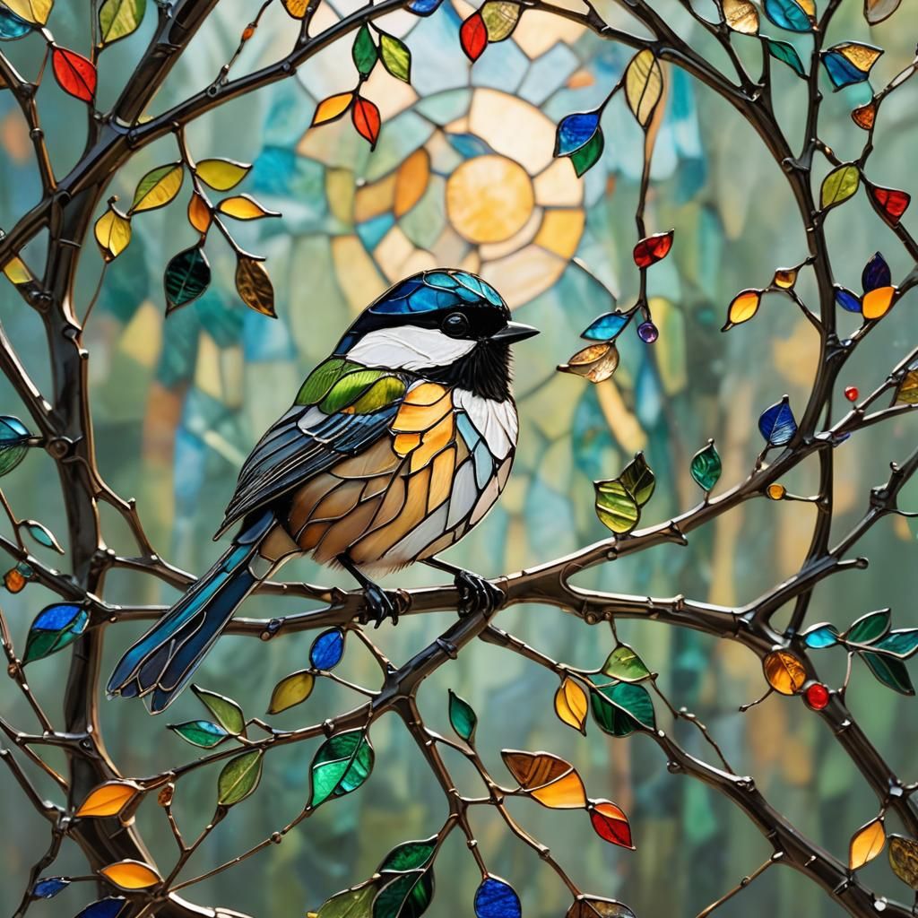 Stained glass chickadee in front of a stained glass window. ...